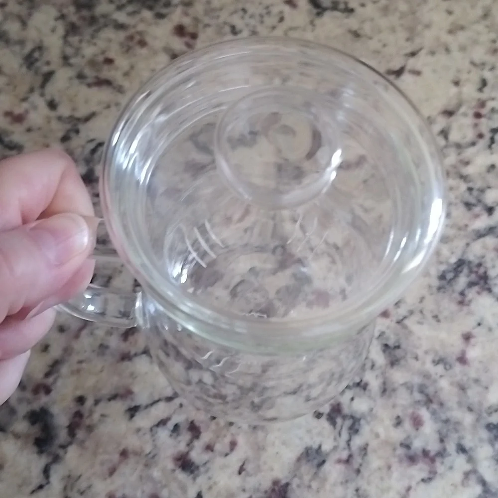 Clear Glass Teapot / Teacup with inner cup with slits, Lid & Handle for Brewing